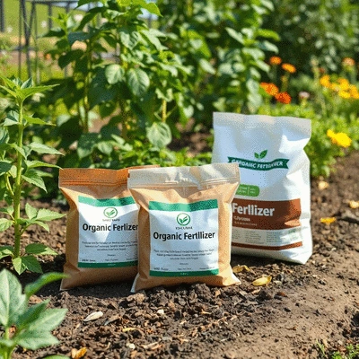 Organic fertilizers in a garden setting