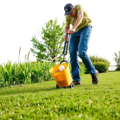 User applying organic fertilizer to lawn