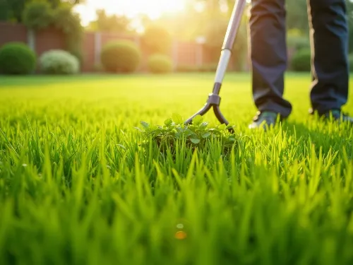 Lush green lawn being organically fertilized